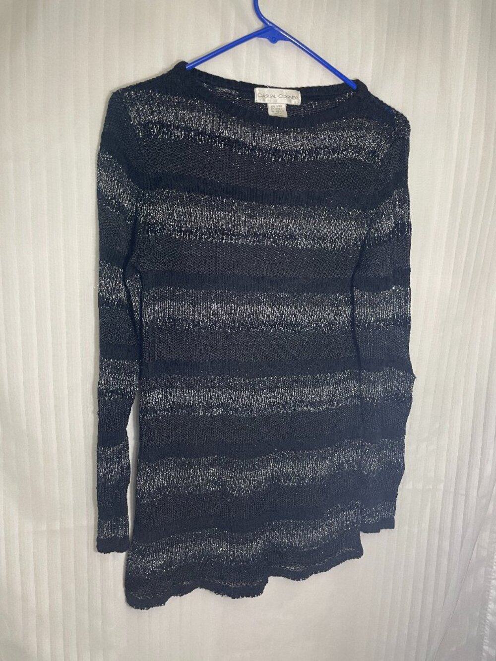 Casual Corner Women’s M Black Silver Metallic Striped Open Knit Sweater Tunic